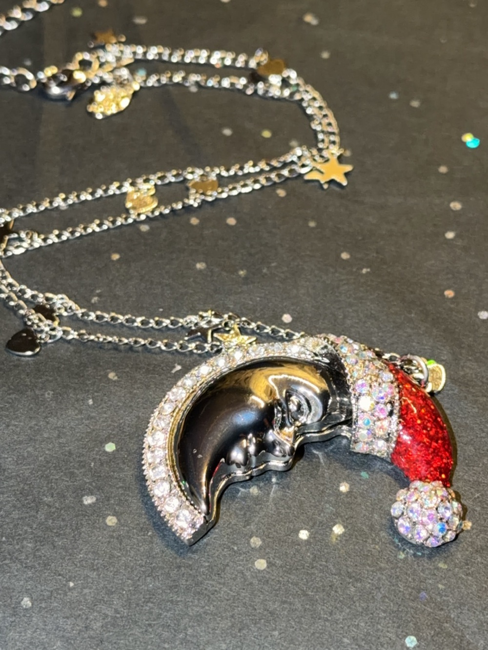 Kirks Folly Silver Crescent Moon Necklace with Red Crystal Santa Hat
